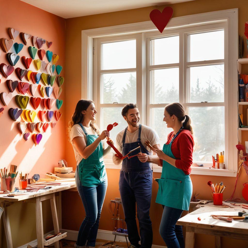 A cozy workshop filled with colorful tools, heart-shaped saws, and paintbrushes, symbolizing love and creativity in DIY renovations. In the foreground, a couple is working together, laughing while painting a heart on a wall. Soft sunlight filters through a window, casting gentle shadows and creating an inviting atmosphere. In the background, shelves filled with heart-themed decor and renovation projects. vibrant colors. warm lighting. inviting atmosphere.