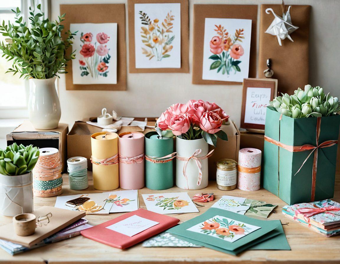 A cozy, inviting workspace filled with craft supplies like ribbons, paper, and glue, surrounded by finished DIY projects that represent love, such as handmade cards and personalized gifts. Soft, warm lighting casts a romantic glow, with hints of greenery and flowers for a fresh touch. A beautifully wrapped gift sits prominently, symbolizing thoughtfulness in relationships. The atmosphere is playful yet intimate, perfect for igniting creativity. vibrant colors. soft focus. whimsical style.