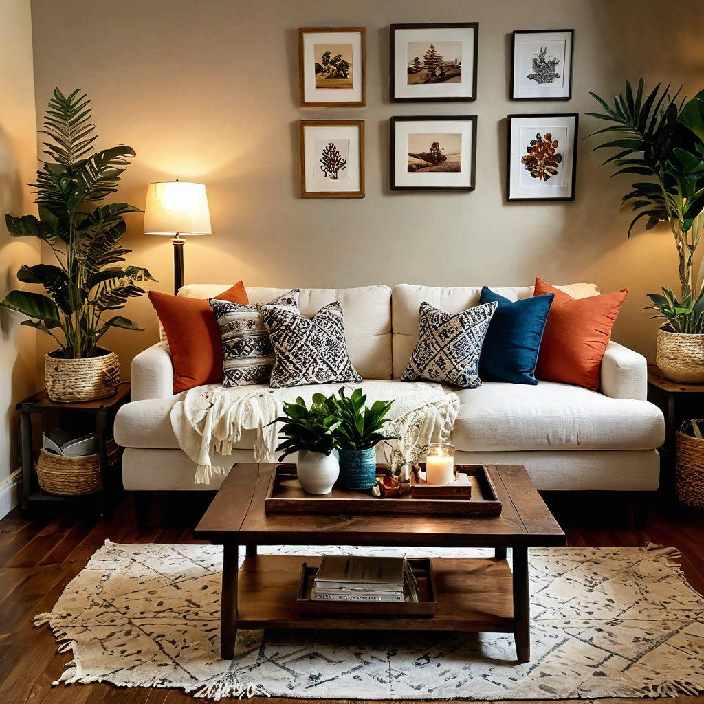 A cozy, beautifully arranged living space featuring a mix of eclectic home decor elements such as handmade crafts, warm lighting, and vibrant plants. Include inviting textiles like plush cushions and a charming wooden coffee table adorned with personal mementos. Showcase a sense of connection through artwork reflecting love and warmth among family and friends. super-realistic. warm colors. soft lighting.